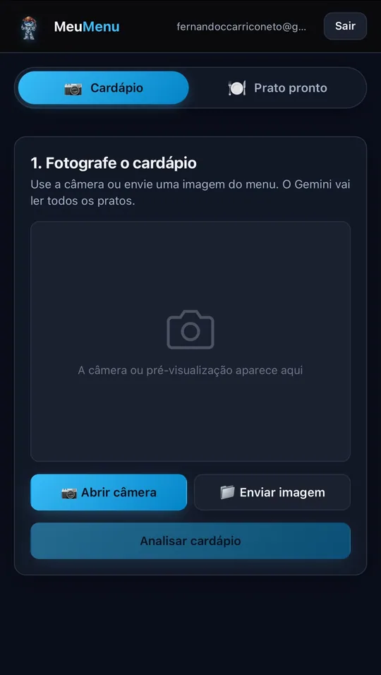 Tela de captura: app aberto pronto para fotografar o cardápio do restaurante