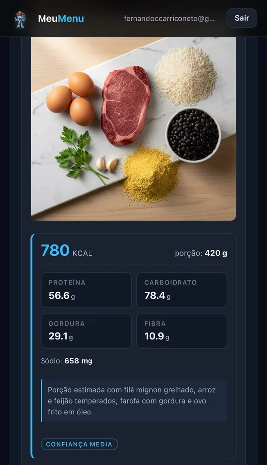 Análise nutricional do prato: 780 kcal, 56g proteína, 78g carboidrato, 29g gordura, 10g fibra