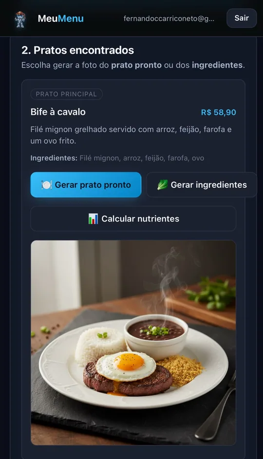 Pratos extraídos do menu: bife à cavalo com descrição, ingredientes e imagem gerada por IA